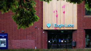 Pro-Palestine activists spray-paint Barclays Eagle Labs